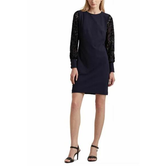 Ralph Lauren Long Sleeve Cocktail Dress Blue Size 6 Lace and Velvet Sheath - Picture 10 of 12